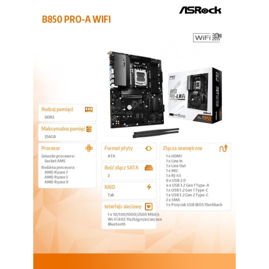 Płyta główna B850 PRO-A WIFI  AM5 4DDR5 ATX