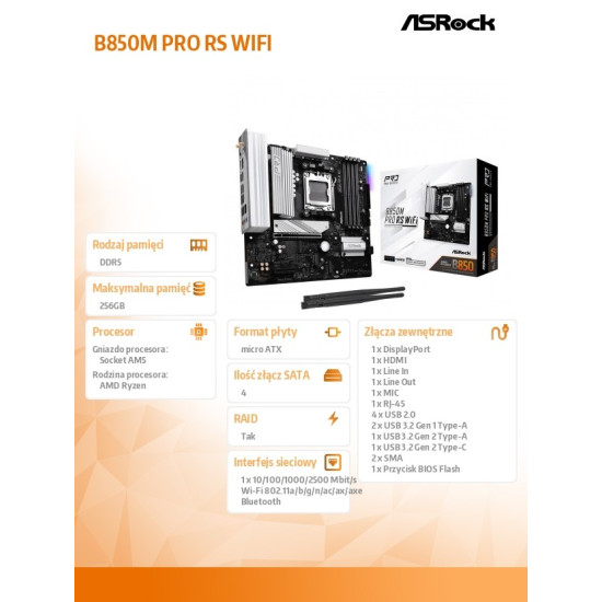 Płyta główna B850M PRO RS WIFI AM5 4DDR5 mATX