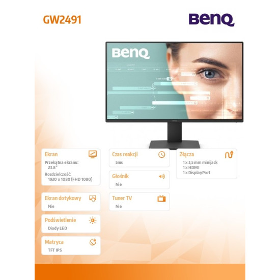 Monitor 23.8 cala GW2491 LED 5ms/100Hz/IPS/HDMI