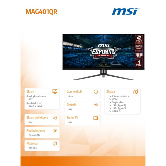 Monitor MAG401QR 40 cali /1ms/ IPS/UWQHD/155Hz/21:9