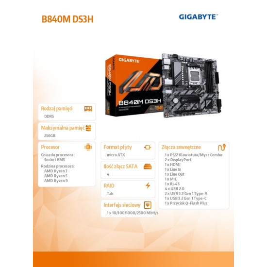 Płyta główna B840M DS3H AM5 4DDR5 HDMI/2DP mATX 
