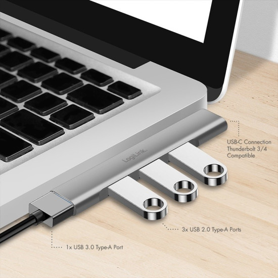 Smukły HUB USB-C do 1x USB-A 3.0 3xUSB-A 2.0 