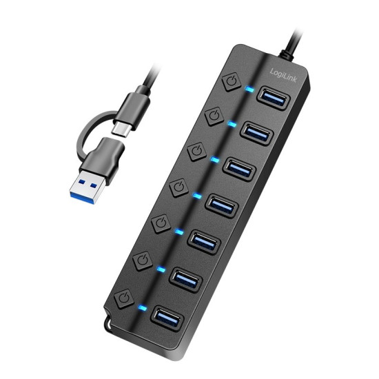 HUB USB3.2 Gen1, 7x USB-A, 7xON/OFF, czarny 