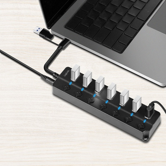 HUB USB3.2 Gen1, 7x USB-A, 7xON/OFF, czarny 