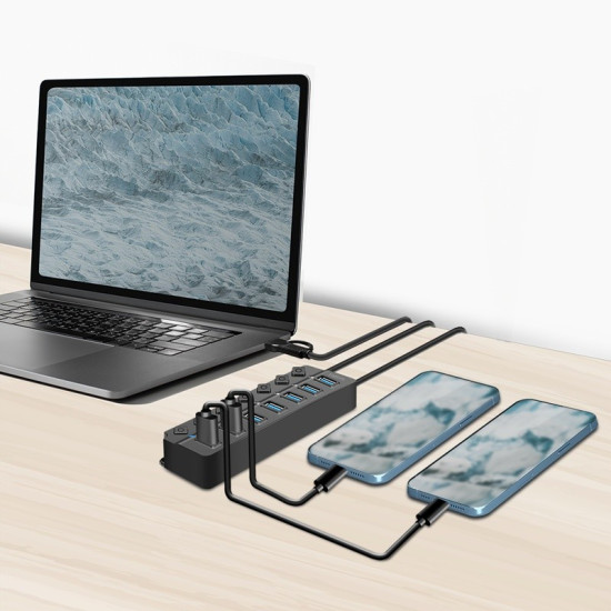 HUB USB3.2 Gen1, 7x USB-A, 7xON/OFF, czarny 