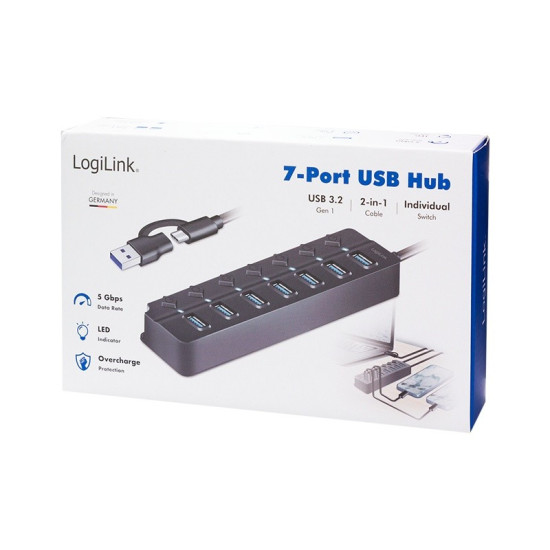 HUB USB3.2 Gen1, 7x USB-A, 7xON/OFF, czarny 