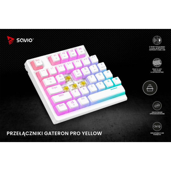 Klawiatura mechaniczna bezprzewodowa SAVIO PHENIX WHITE Gateron Yellow, Pudding
