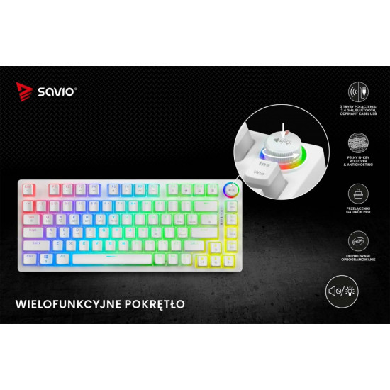 Klawiatura mechaniczna bezprzewodowa SAVIO PHENIX WHITE Gateron Yellow, Pudding