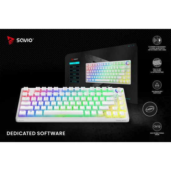 Klawiatura mechaniczna bezprzewodowa SAVIO PHENIX WHITE Gateron Yellow, Pudding
