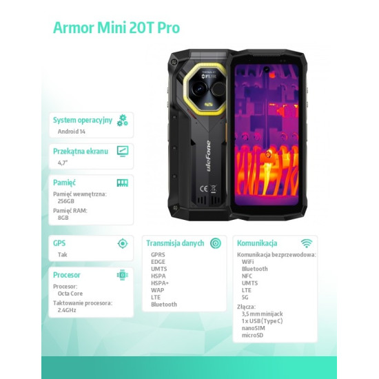 Smartfon Armor Mini 20T Pro 5G 4.7 cala 8/256GB IP69K termowizja Czarny