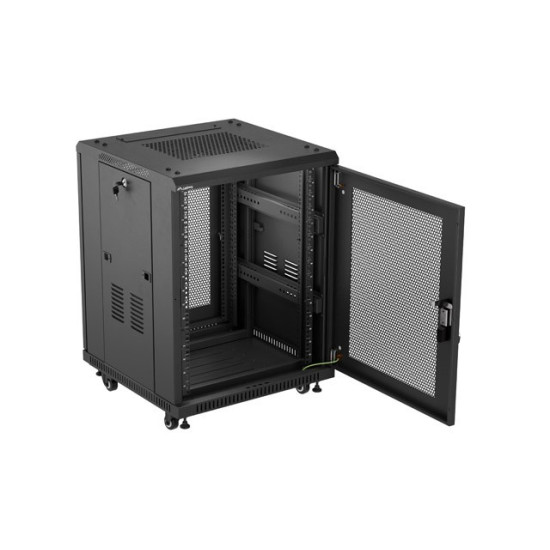 Szafa instalacyjna rack stojąca 19 cali 15U 600x600 drzwi perforowane czarna (Flat pack)