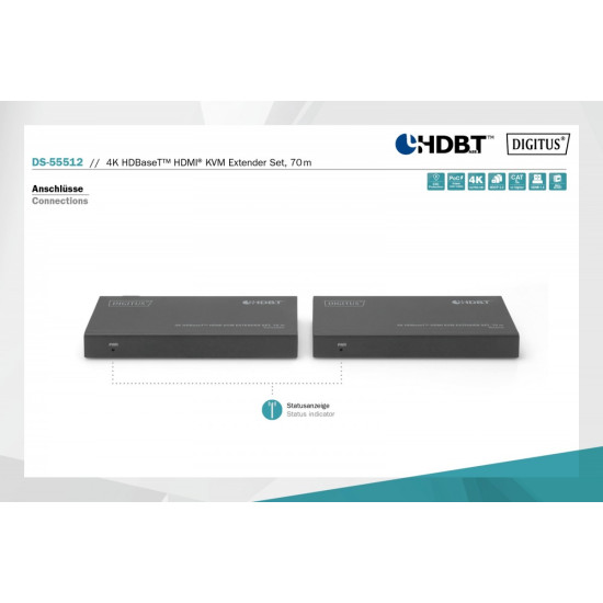 Przedłużacz/Extender KVM HDMI+USB HDBaseT 70m 4K30Hz HDCP 2.2 PoC (Power over Cable) audio IR zestaw
