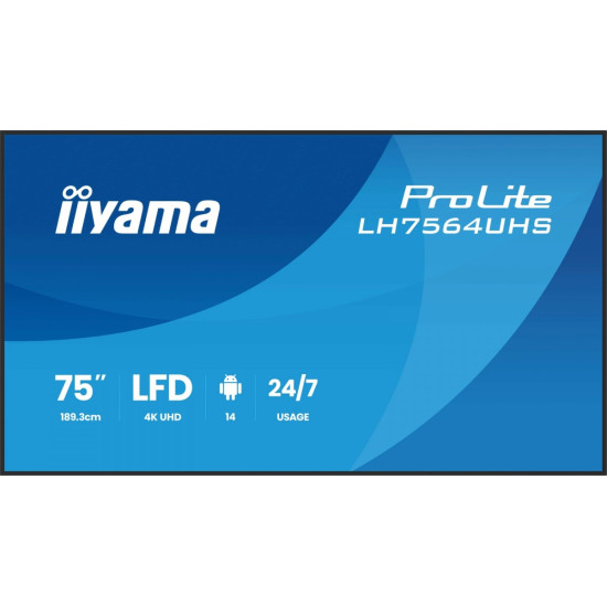 Monitor 75 cali LH7564UHS-B1AG, 24/7,VA,ANDROID14,4K,500cd,5000:1,    2xHDMI ,USB-C,RJ45, RS-232c, IR, 2x10W, 2xUSB, UCHWYT ŚCIENNY,iiSignage2,WiFi,Fa