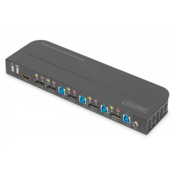 Przełącznik KVM, 4 portowy, 4K 60Hz, 4x DP IN, 1x DP OUT, 1x HDMI OUT, 2x USB A, 1x Audio IN&OUT 