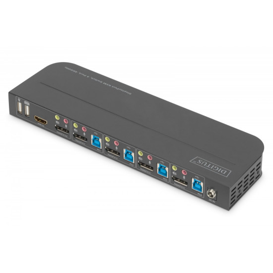 Przełącznik KVM, 4 portowy, 4K 60Hz, 4x DP IN, 1x DP OUT, 1x HDMI OUT, 2x USB A, 1x Audio IN&OUT 