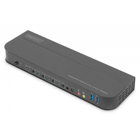 Przełącznik KVM, 4 portowy, 4K 60Hz, 4x DP IN, 1x DP OUT, 1x HDMI OUT, 2x USB A, 1x Audio IN&OUT 