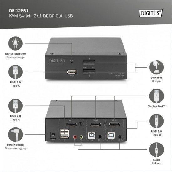Przełącznik KVM, 2 portowy, 4K 60Hz, 2xDisplayPort IN, 1xDisplayPort OUT, 2xUSB, 2xAudio IN&OUT 