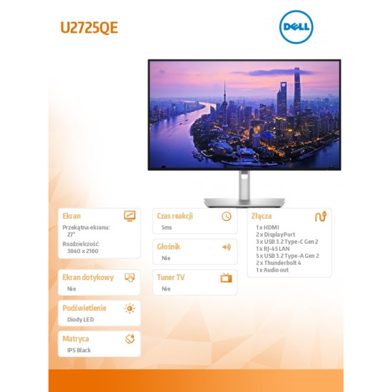 Monitor U2725QE 27 cali IPS Black LED 4K(3840x2160)/16:9/Thunderbolt/HDMI/DP/USB-C/USB/RJ-45/3Y 