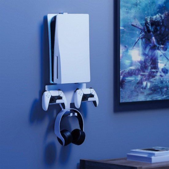 Stojak do Playstation 5 RS181, biały, ścienny, max 10kg, uchwt na pady