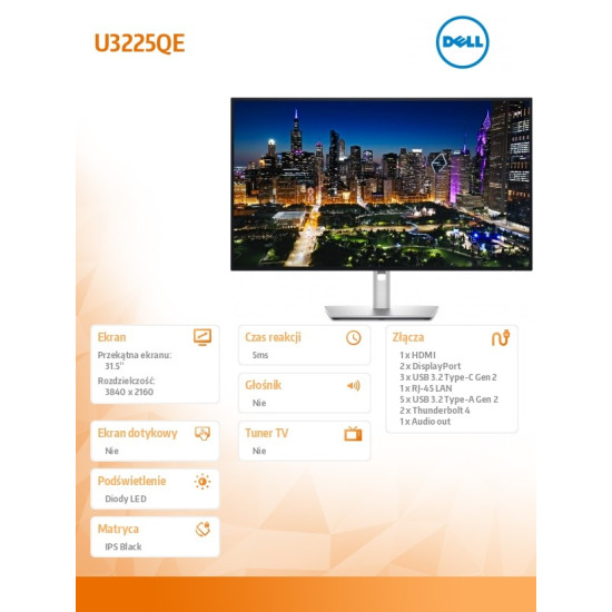 Monitor U3225QE 31,5 cala IPS Black LED 4K(3840x2160)/16:9/Thunderbolt/HDMI/DP/USB-C/USB/RJ-45/3Y 