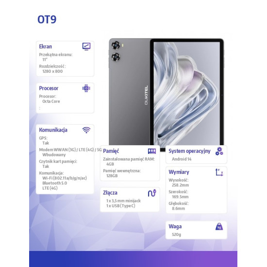 Tablet OT9 11cali 4/128GB szary