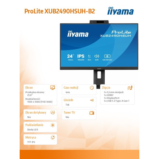 Monitor 24 cale XUB2490HSUH-B2 IPS,FHD,CAM,MIC,HDMI,DP 