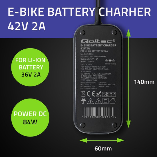 Ładowarka do roweru skutera elektrycznego 36V | 42V | 2A | 5.5*2.1 | wodoodporna + kabel zasilający 