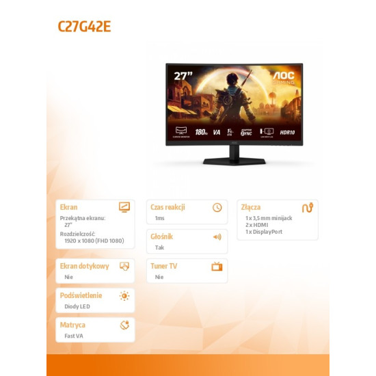 Monitor C27G42E 27 cali 180Hz Curved VA HDMIx2 DP 