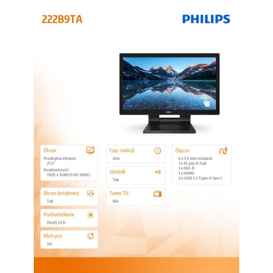 Monitor LCD 222B9TA 21.5 cala VA Touch 10 points