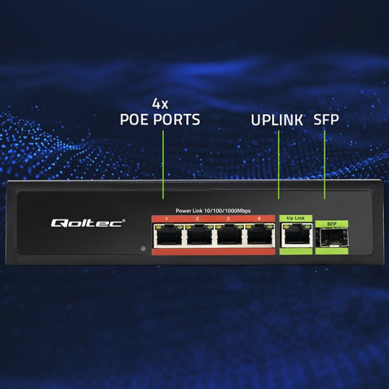 Przełącznik sieciowy SWITCH FAST ETHERNET PoE 4x RJ45 PoE 1x RJ45Uplink 1x SFP | 65W | 1000 Mb/s 