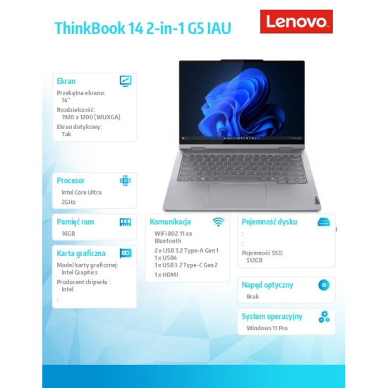 Laptop ThinkBook 14 G5 2in1 21SQ0017PB W11Pro Ultra 7 255U/16GB/512GB/INT/14.0 WUXGA/Touch/Luna Grey/3YRS OS + CO2 Offset 