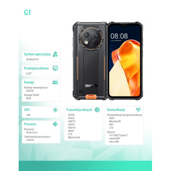 Smartfon G1 4G 6/256GB IP69K pomarańczowy 