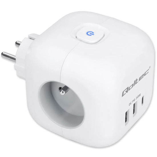 Kostka zasilająca przedłużacz 6w1 z podświetlanym włącznikiem | 3x AC | 2x USB | 1x USB-C PD 20W | biała