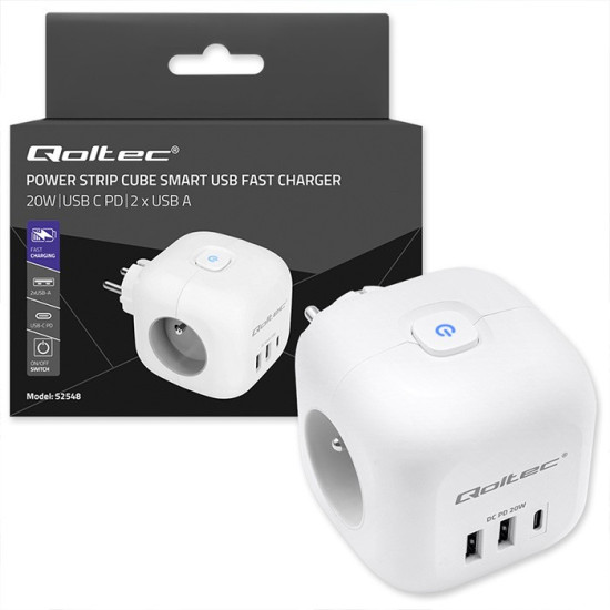 Kostka zasilająca przedłużacz 6w1 z podświetlanym włącznikiem | 3x AC | 2x USB | 1x USB-C PD 20W | biała