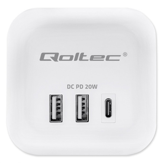 Kostka zasilająca przedłużacz 6w1 z podświetlanym włącznikiem |  3x AC | 2x USB | 1x USB-C PD 20W | biała | kabel 2m 