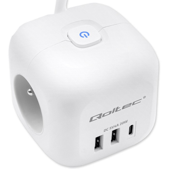 Kostka zasilająca przedłużacz 6w1 z podświetlanym włącznikiem |  3x AC | 2x USB | 1x USB-C PD 20W | biała | kabel 2m 