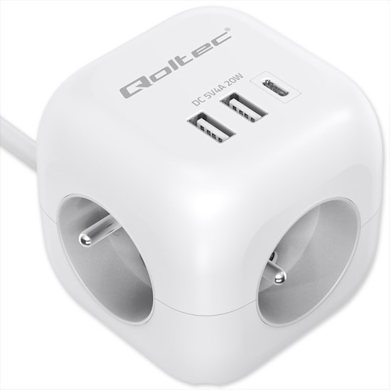 Kostka zasilająca przedłużacz 6w1 z podświetlanym włącznikiem |  3x AC | 2x USB | 1x USB-C PD 20W | biała | kabel 2m 