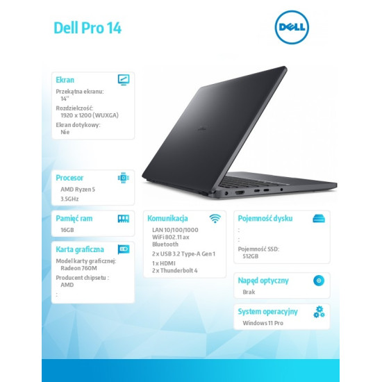 Laptop Dell Pro 14 PC14255/AMD Ryzen 5 PRO 230/16GB/512GB SSD CL25/14.0 FHD+/Radeon 760M/FgrPr/FHD/IR Cam/Mic/WLAN+BT/Backlit Kb/3 Cell/W11Pro