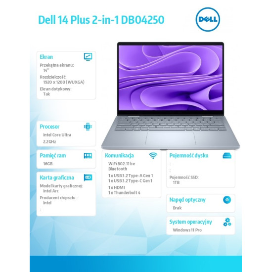 Laptop Dell 14 Plus 2-in-1 DB04250 Win11Pro Ultra 7 256V/16GB/1TB SSD/14.0 FHD+/Arc/WLAN + BT/Backlit Kb/4 Cell/3Y ProSupport