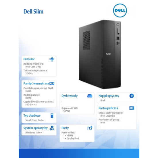 Komputer Dell Slim ECS1250 Win11Pro Ultra 5 225/16GB/512GB SSD/Intel UHD/WLAN + BT/Kb/Mouse/3YPS 