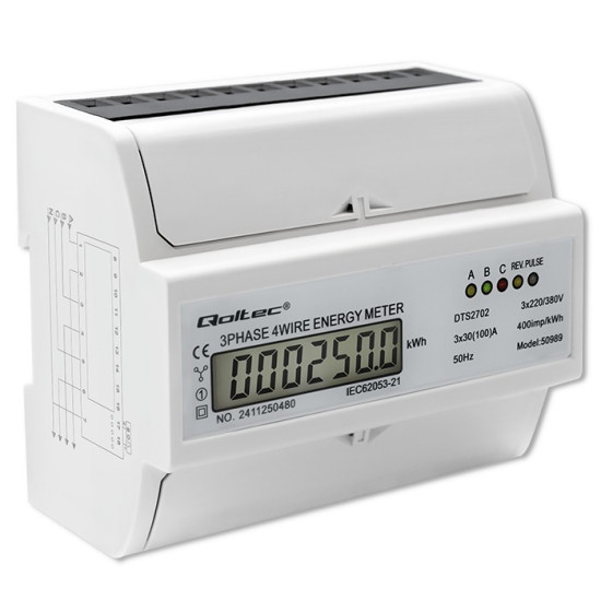 Trójfazowy dwukierunkowy elektroniczny licznik | miernik zużycia energii na szynę DIN | 400V | 100A | LCD | 4P 