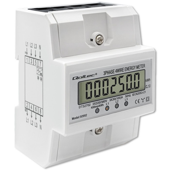 Trójfazowy elektroniczny licznik | miernik zużycia energii na szynę DIN | 400V | 100A | LCD | 4P 
