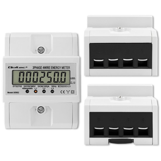 Trójfazowy elektroniczny licznik | miernik zużycia energii na szynę DIN | 400V | 100A | LCD | 4P 