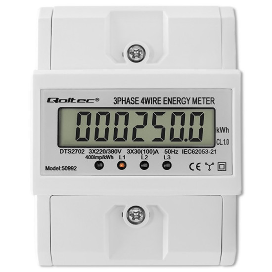 Trójfazowy elektroniczny licznik | miernik zużycia energii na szynę DIN | 400V | 100A | LCD | 4P 