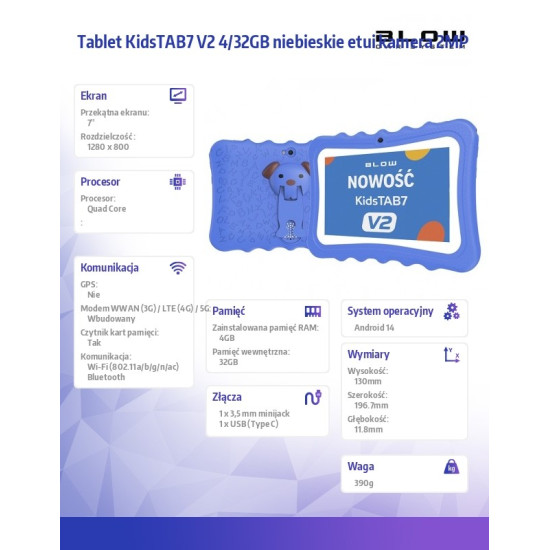Tablet KidsTAB7 V2 4/32GB niebieskie etui kamera 2MP