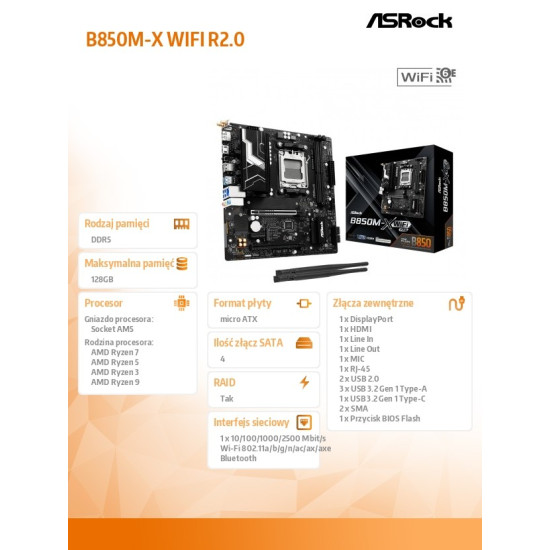 Płyta główna B850M-X WIFI R2.0 AM5 2DDR5 M.2 USBC mATX 