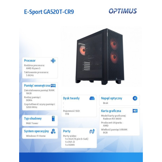 Komputer E-Sport GA520T-CR9 Ryzen 5 3600/16GB/1TB/RX 6600 8GB/W11H