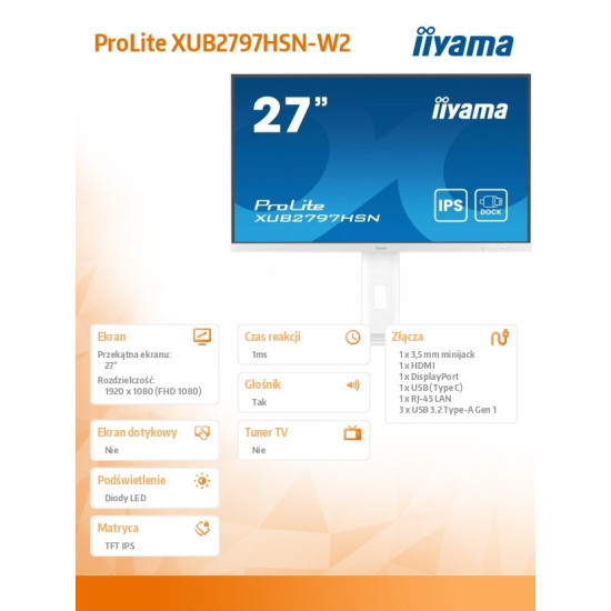 Monitor 27 cali XUB2797HSN-W2 IPS,FHD,USB-C Dock,HAS,300cd,1ms,sRGB99%,100Hz,HDMI,DP-out,USBx4,RJ45,2x2W/5y/ 