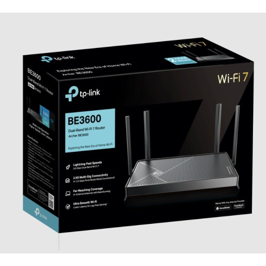 Router 	Archer BE3600 DualBand Wi-Fi 7                           SPEED: 688 Mbps at 2.4 GHz + 2882 Mbps at 5 GHz            