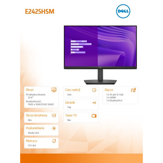 Monitor E2425HSM 23.8 cala VA LED Full HD (1920x1080)/16:9/DP/HDMI/VGA/Głośniki/3Y